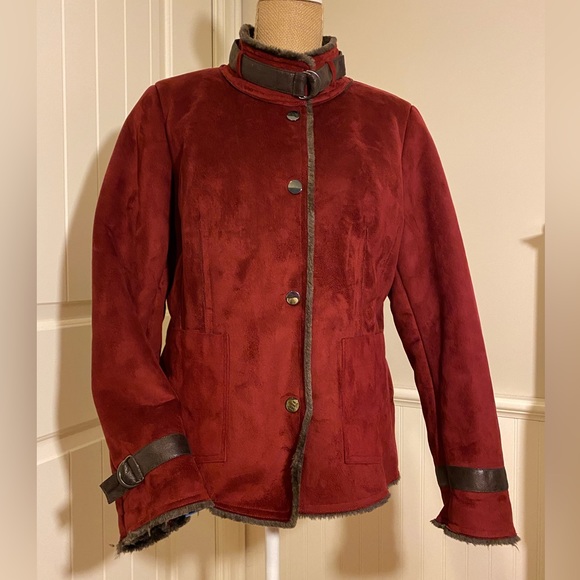 123 Paris Faux Fur/Suede Coat Burgundy 42/L - Picture 2 of 16